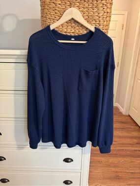 Navy Blue Waffle Knit Long Sleeve Top Pocket Oversized Casual Lounge